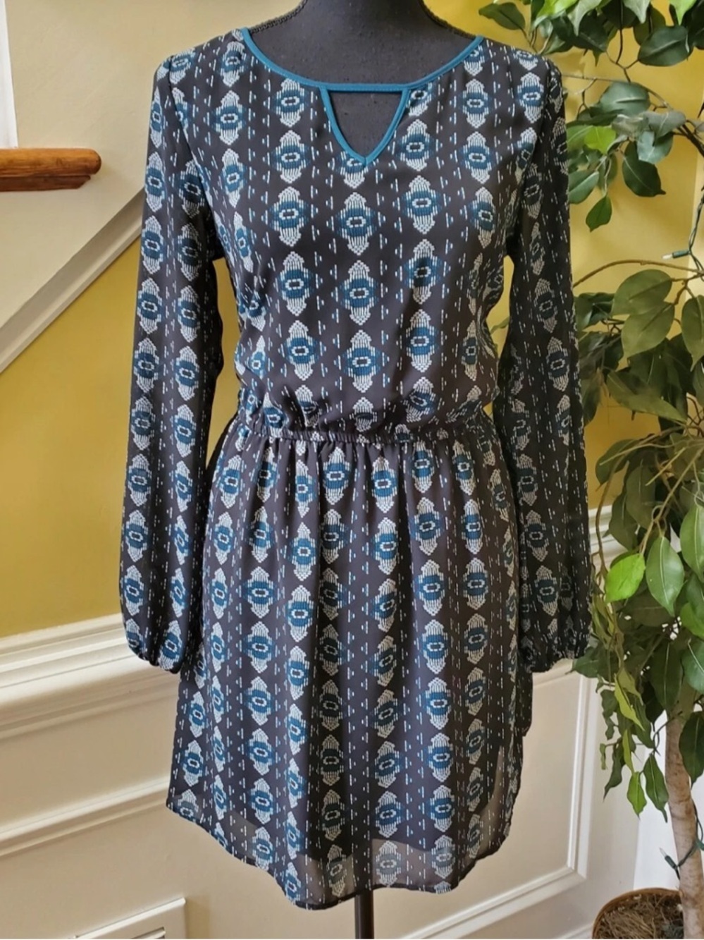Xhilaration Black & Teal Geometric Boho Mini Dress - Size S